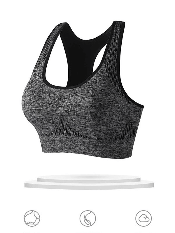 Elastic Quick-Dry Women's Bra-Top with breathable lining, wire-free, seamless, push-up design in gray, perfect for active wear.