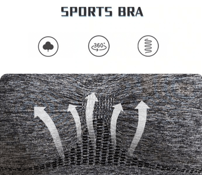 Elastic quick-dry sports bra with breathable fabric, showcasing 360-degree stretch and moisture-wicking arrows for active comfort.