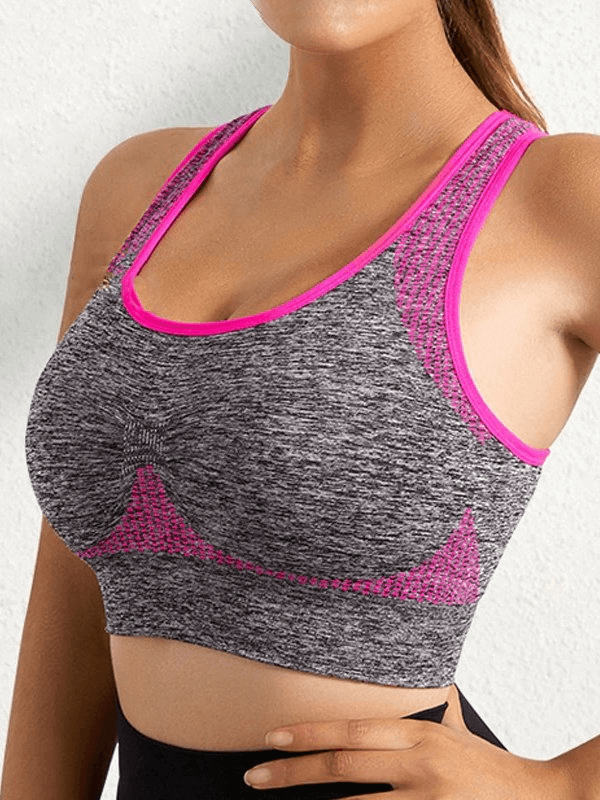 Gray and pink elastic quick-dry women's bra-top with lining, featuring a seamless wire-free push-up design and padded support.