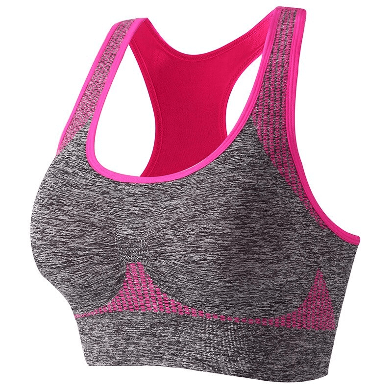 Elastic Quick-Dry Women's Bras-Top in gray with pink trim, featuring wire-free, padded support for active comfort.