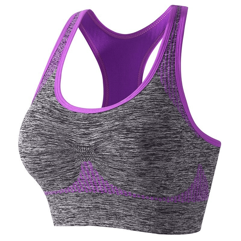 Gray and purple quick-dry elastic women's sports bra with lining, featuring wire-free design and seamless push-up support.