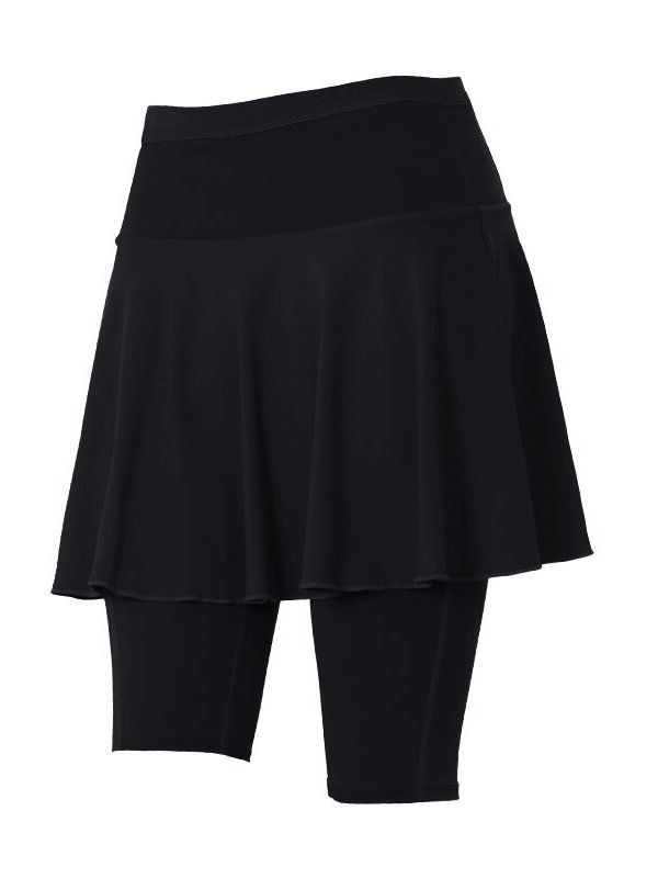 Elastic quick dry black women's skirt-shorts with high waist for golf and tennis, featuring breathable spandex and nylon.
