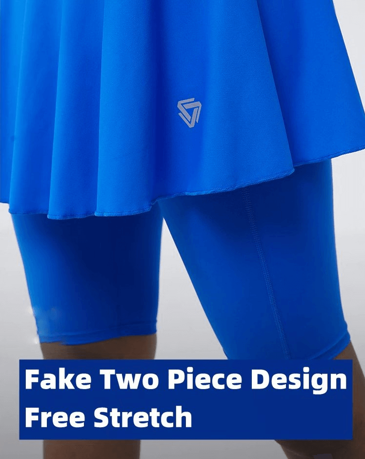 Blue women's skirt-shorts with high waist, elastic fabric, quick-dry, perfect for golf and tennis, featuring fake two-piece design.