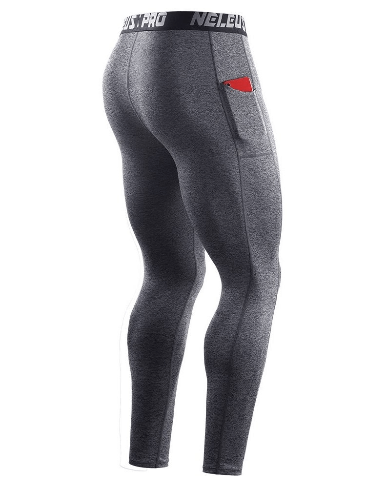 Elastic men's running pants in grey, featuring a tight fit and pocket, ideal sportswear for comfort and mobility in athletic activities.