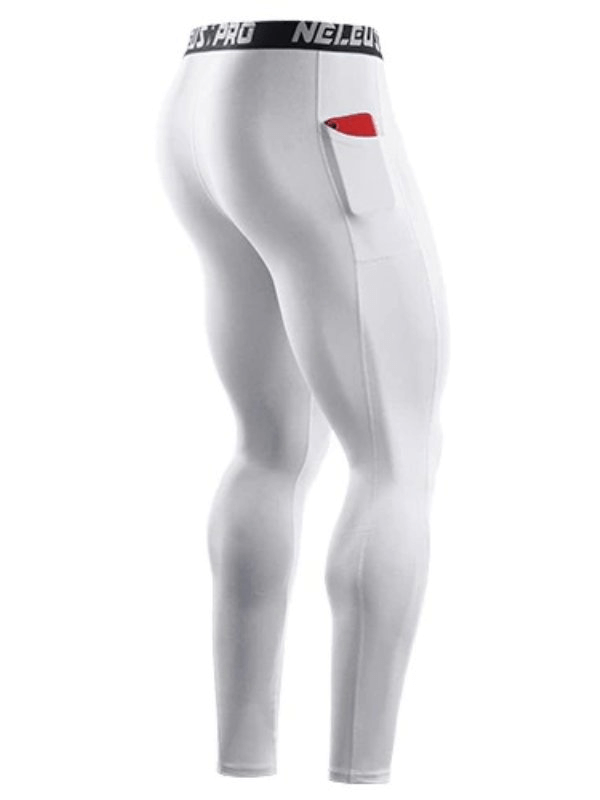 Men's elastic running training pants in white, featuring a sleek tight fit and pocket design, ideal for sports activities.