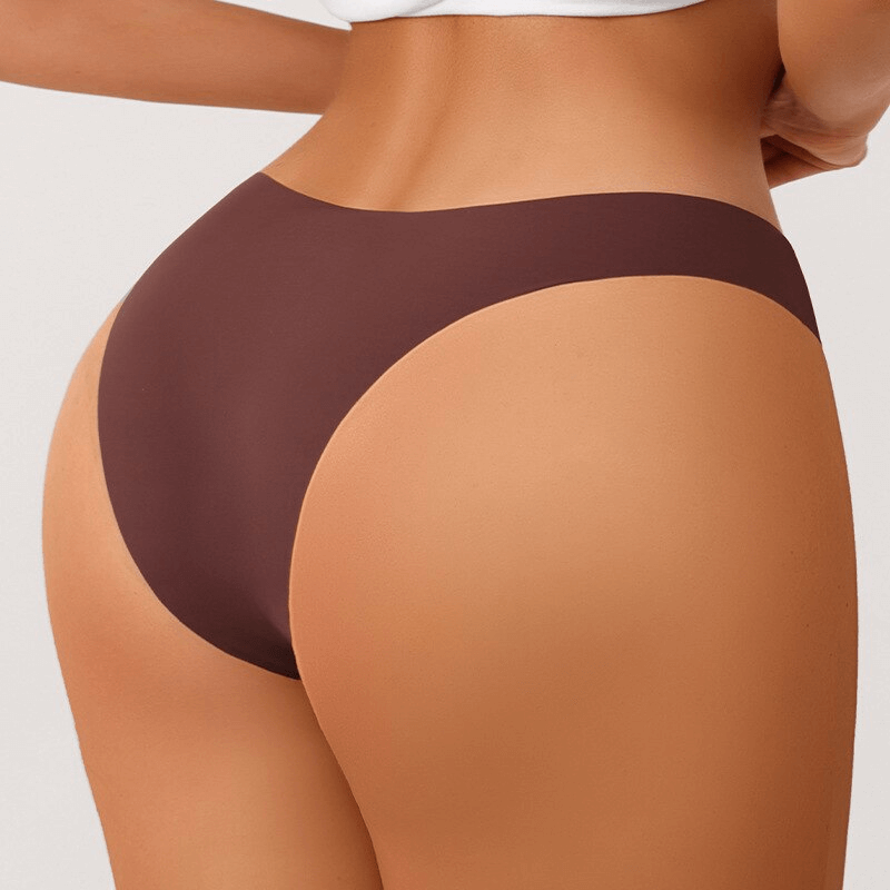 Back view of seamless breathable women's sports briefs in brown, highlighting elastic comfort fit and durable nylon fabric for activewear.
