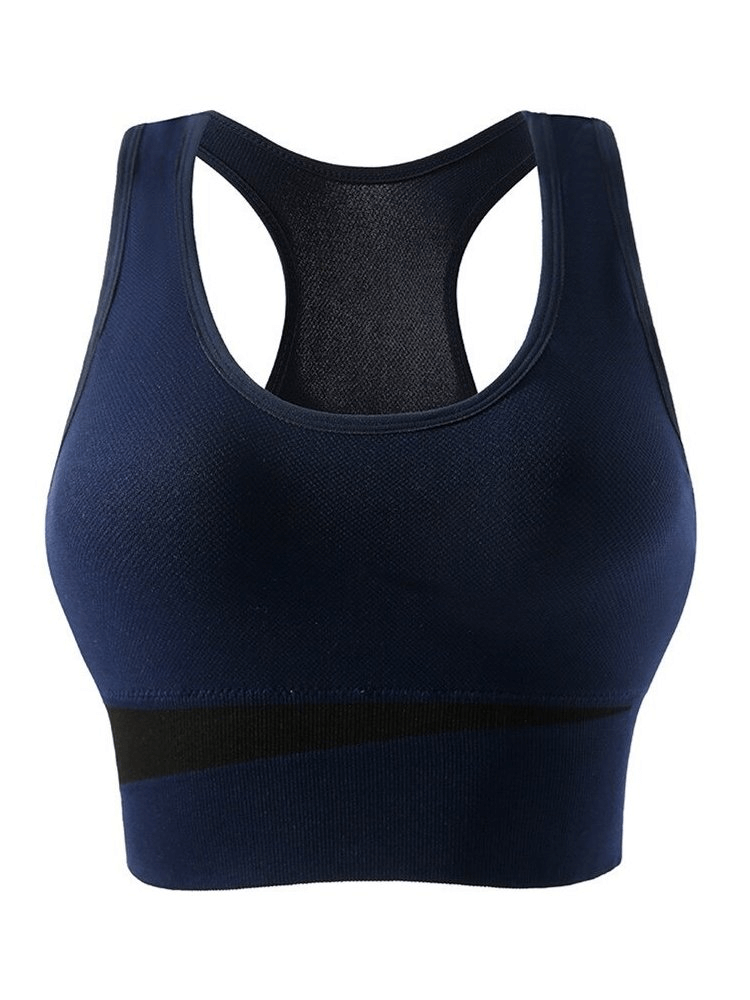Navy blue elastic wireless sports bra for women, perfect for yoga and running. Designed for comfort and support.