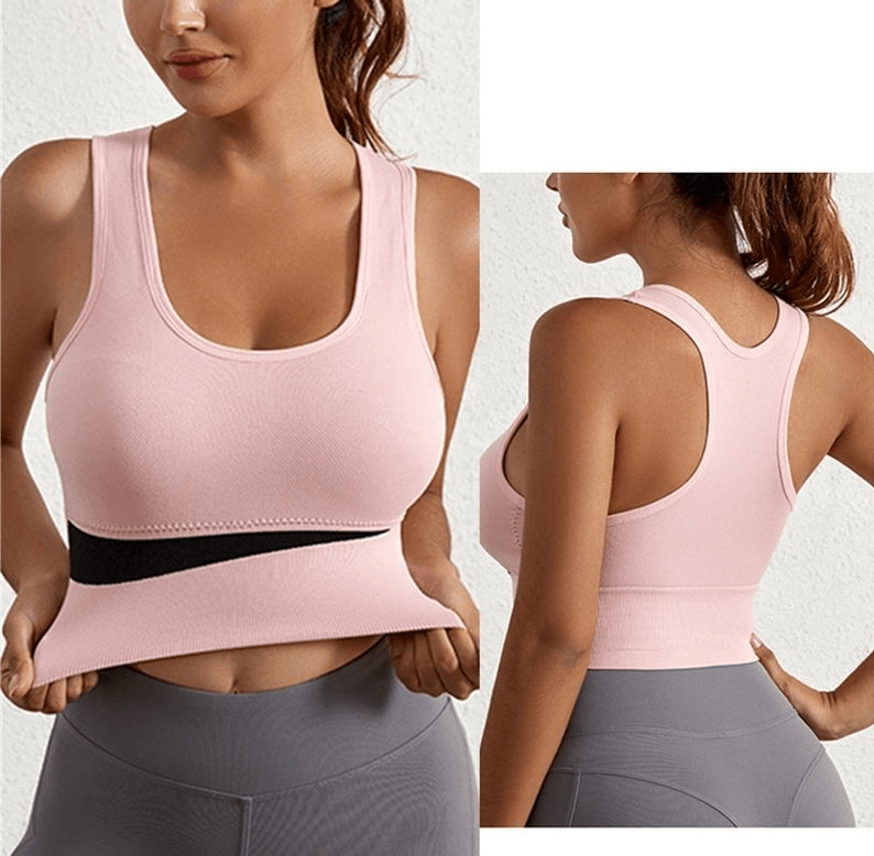 Elastic wireless pink sports bra for women, perfect for yoga and running, showcasing a sleek and breathable design for active comfort.