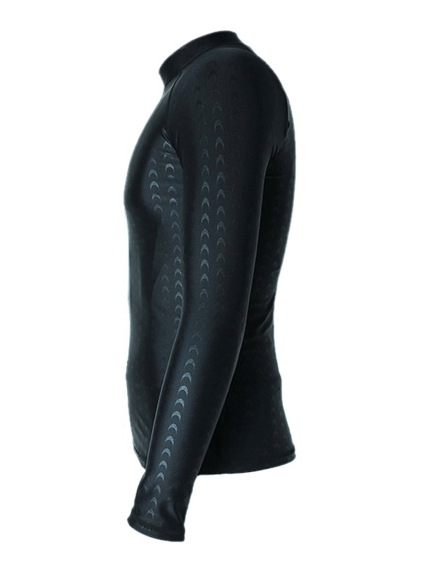 Men's black elastic slim fit long-sleeve surfing rashguard, UV protection gear for swimming, surfing, and diving.