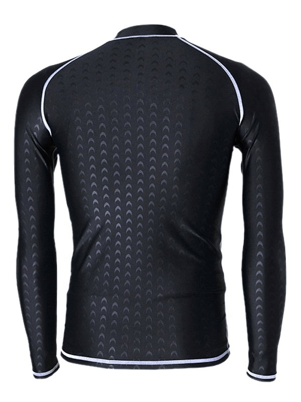 Back view of black men's long-sleeve slim fit surfing rashguard, showcasing arrow pattern and white trim for water sports enthusiasts.