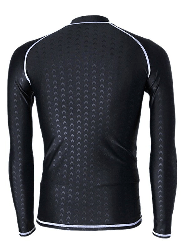 Back view of black elastic slim fit men's long-sleeve surfing rashguard, featuring stylish trim and UV protection, SF0911 model.