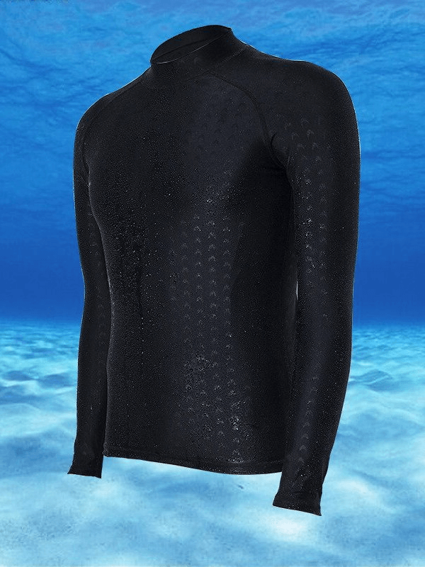 Men's black long-sleeve surfing rashguard against ocean backdrop, showcasing hydrodynamic design.