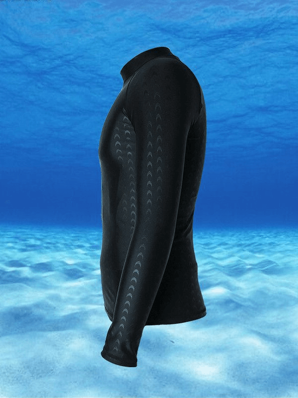 Elastic Slim Fit Men's Long-Sleeve Surfing Rashguard in black, perfect for swimming, surfing, or diving, against an ocean backdrop. SF0911