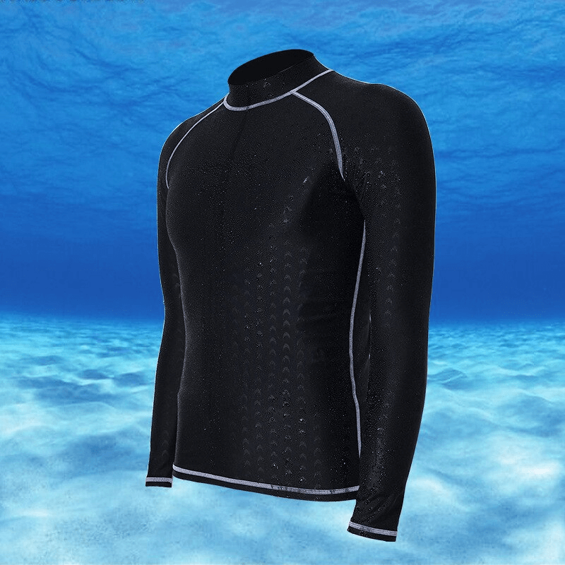 Men's long-sleeve black rashguard for surfing with UV protection, featuring elastic slim fit design, ideal for water sports.