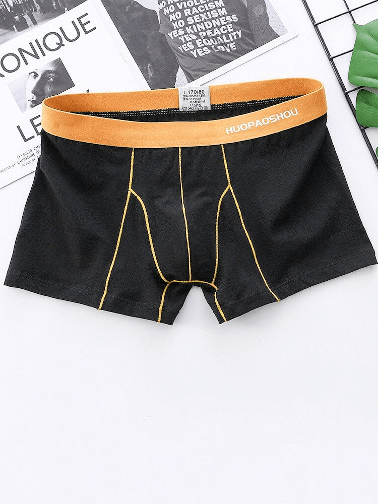 Men's Elastic Soft Boxer Briefs in black with orange waistband, featuring breathable cotton and secure elastic fit for comfort and durability.