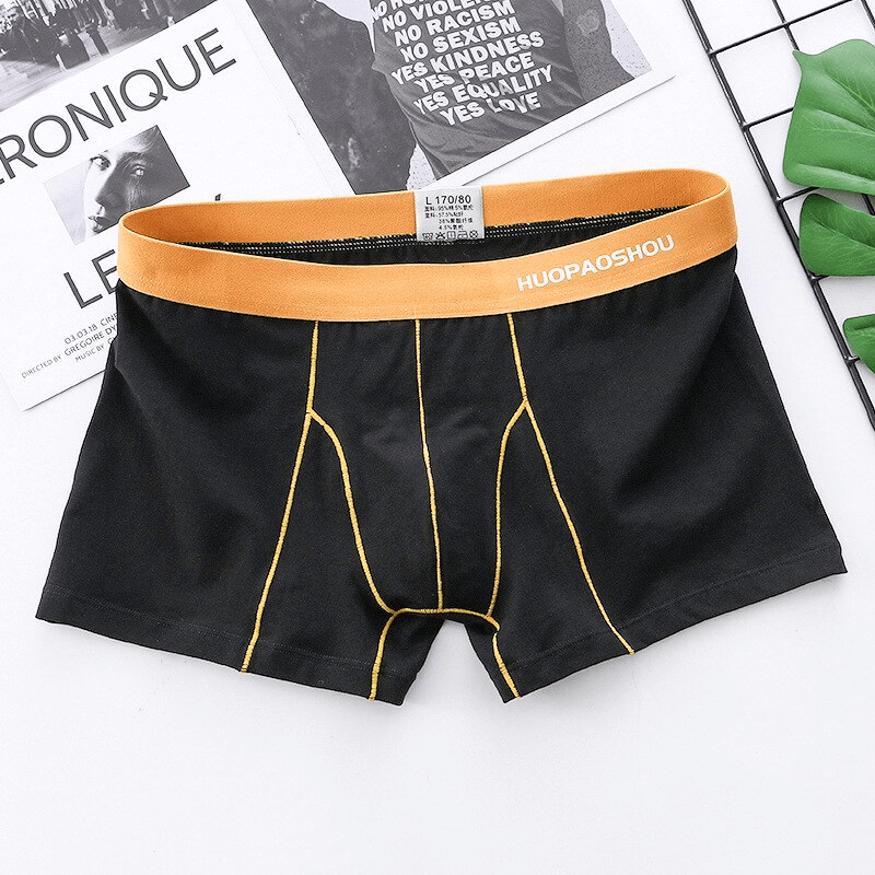Elastic Soft Boxer Briefs for Men - Premium Cotton, Solid Pattern, Black with Yellow Trim, Comfortable & Durable, SF1162