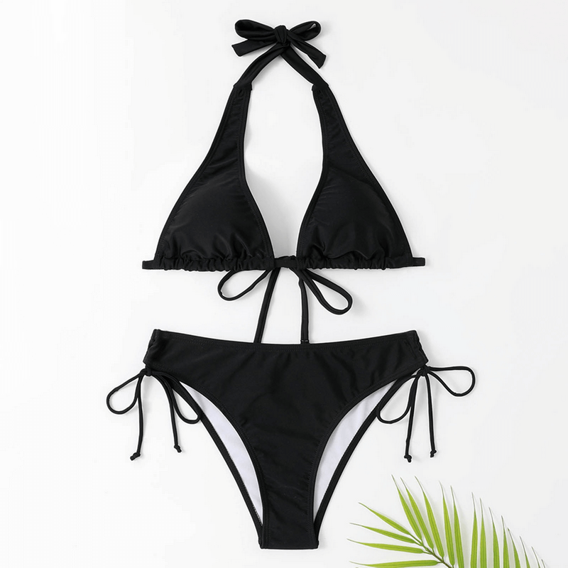 Black split solid color women's bikini swimwear with halter neck tie, perfect for beach and casual wear, made of polyester and spandex.