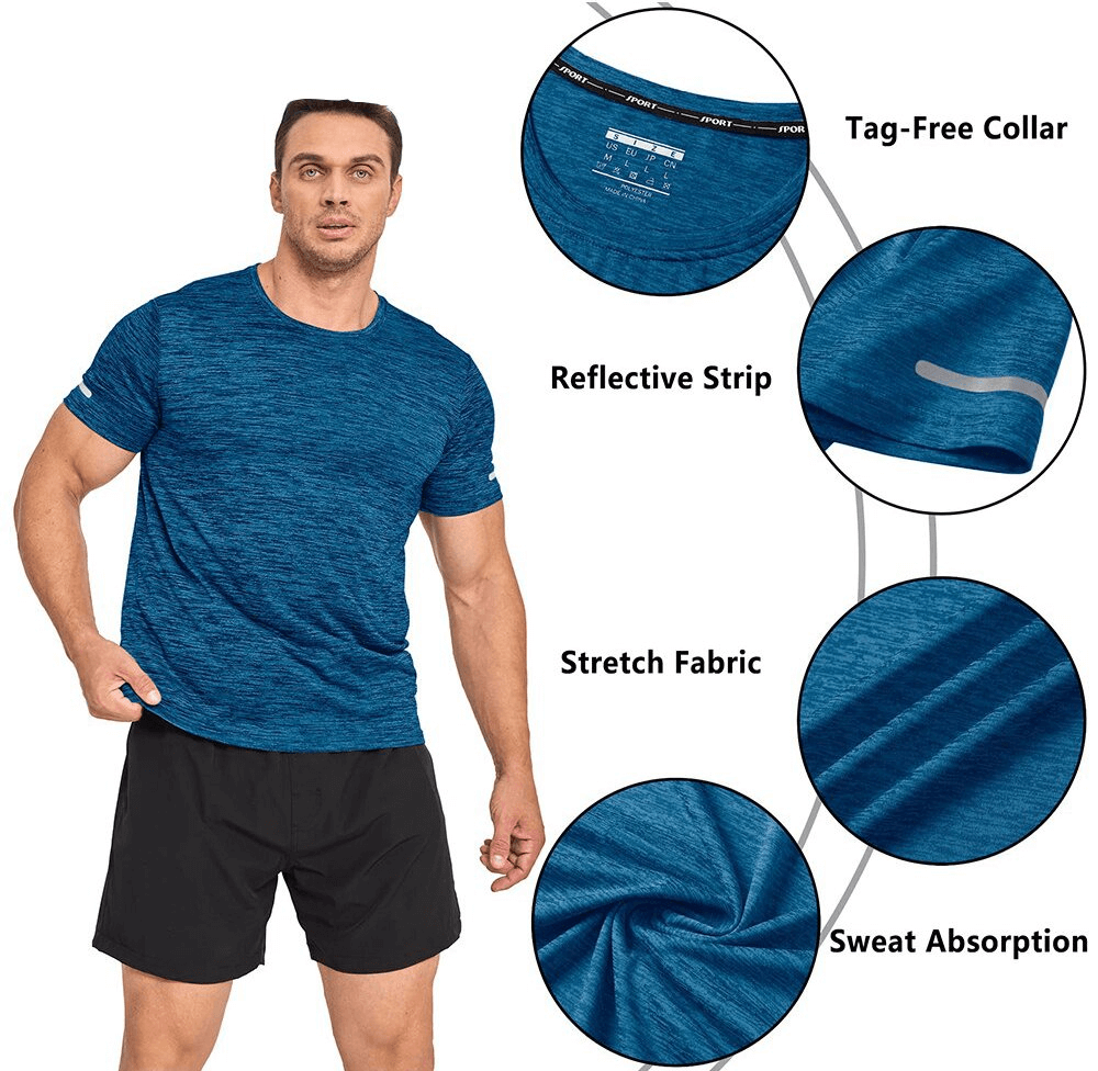 Elastic Sports Men's T-Shirt with reflective stripe, tag-free O-neck collar, and stretch fabric for comfort and sweat absorption in blue.