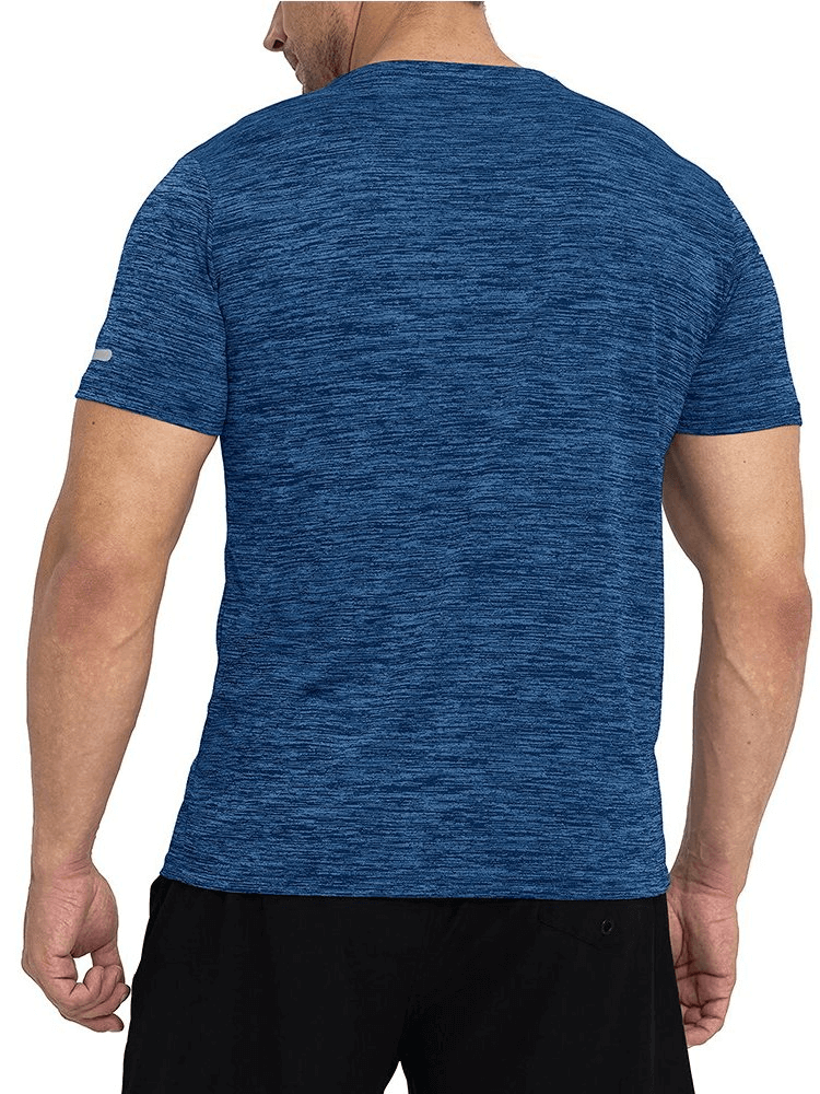 Men's blue Elastic Sports T-Shirt with reflective stripe on sleeves, ideal for casual wear and workouts, O-Neck, polyester fabric.