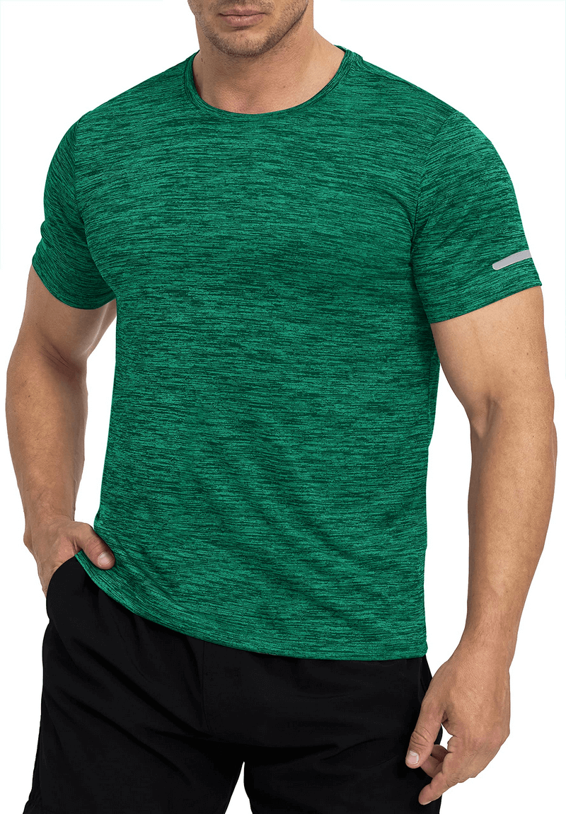 Green men's elastic sports T-shirt with reflective stripe on sleeves, perfect for casual wear and workouts. Style SF1201, comfy polyester.