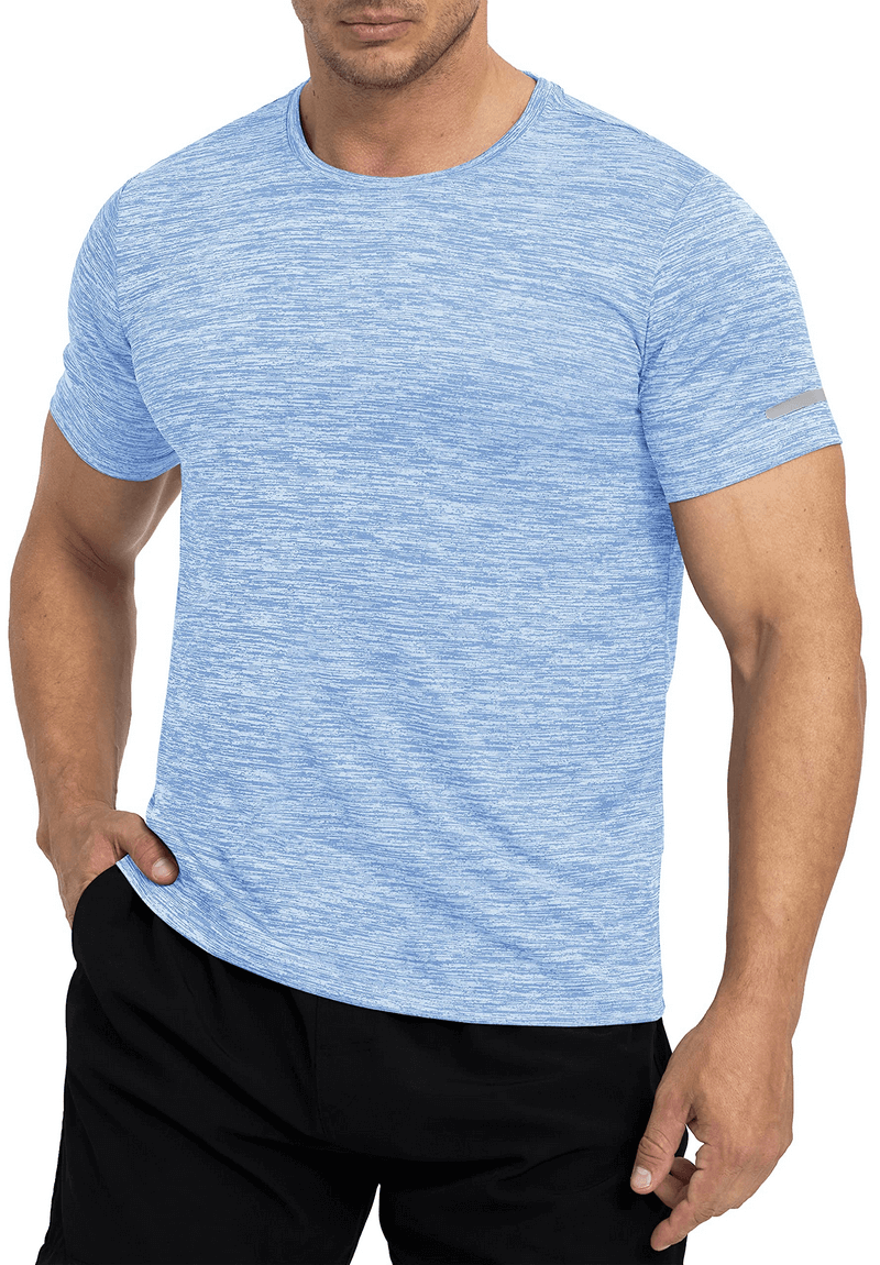 Elastic Sports Men's T-Shirt in blue, with reflective stripes on sleeves, perfect for active wear with comfortable polyester fabric.