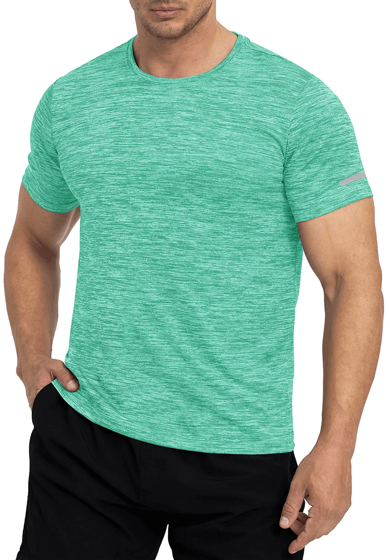 Man wearing green Elastic Sports Men's T-Shirt with reflective stripe on sleeves, perfect for active wear and visibility.