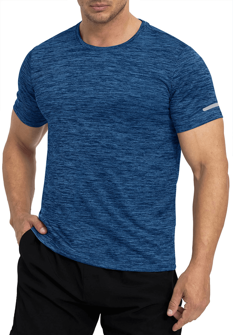Elastic Sports Men's T-Shirt with Reflective Stripe on Sleeves, O-Neck, blue color, ideal for activewear and visibility.