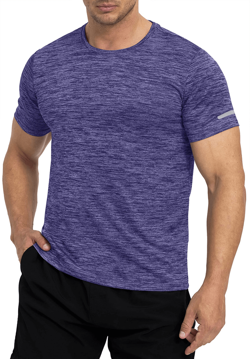 Men's elastic sports t-shirt with reflective stripe, casual O-Neck design, purple color, perfect for workouts and visibility.