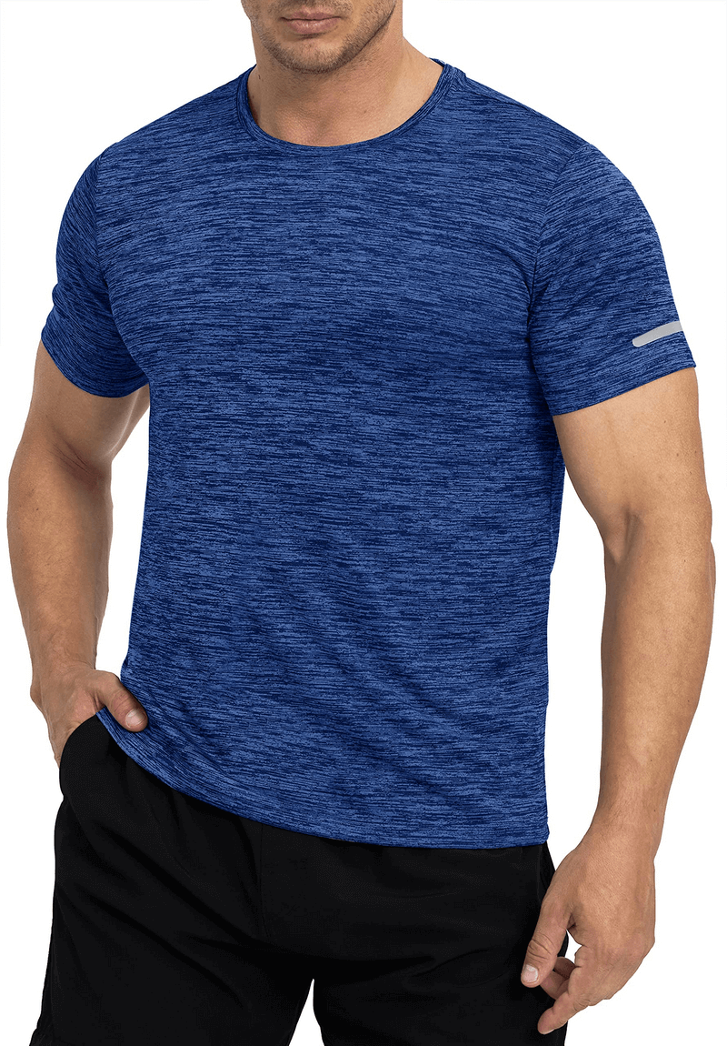 Men's Elastic Sports T-Shirt in Blue with Reflective Sleeve Stripes, O-Neck Casual Style, SF1201 for Active Visibility