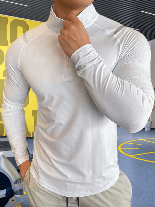 Men's elastic sports top with long sleeves and zipper, stylish and breathable microfiber fabric, perfect for modern active wear.