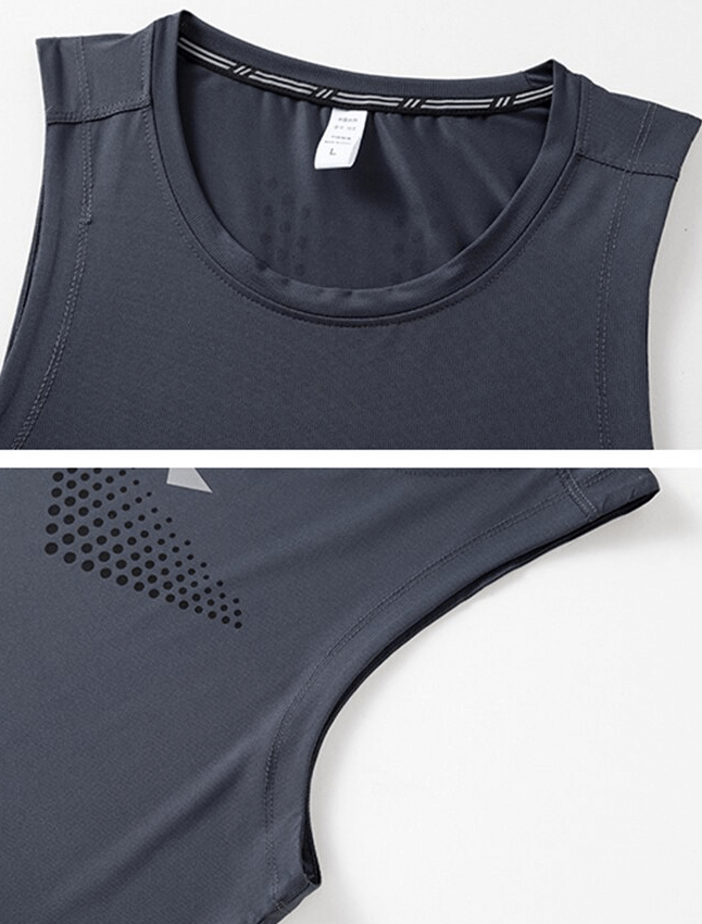 Close-up of elastic breathable training tank top with O-neck in dark gray, designed for male fitness enthusiasts, showcasing fabric detail.