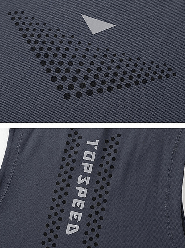 Close-up of design patterns on a dark gray elastic breathable training tank top with 'TOPSPEED' text, ideal for active men.