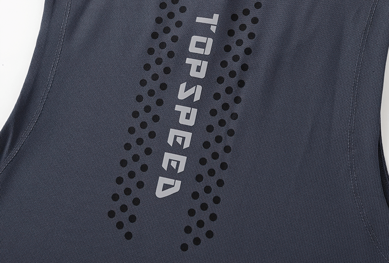 Close-up of breathable dark gray sports tank top with 'Top Speed' text design, ideal for men's fitness and training.