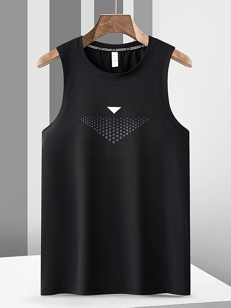Elastic thin breathable black training tank top for men, with stylish O-neck collar and solid design, hanging on a wooden hanger.