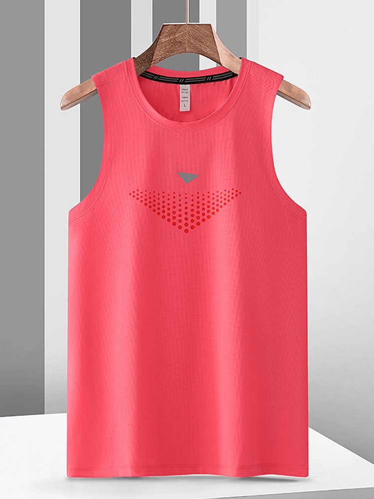 Red breathable elastic training tank for men with O-neck collar, perfect for fitness and sports. Polyester fabric for comfort and style.