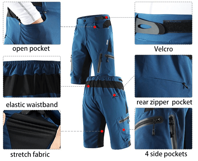 Blue cycling shorts with elastic waistband, side pockets, rear zipper, Velcro, and stretch fabric for comfort and convenience.