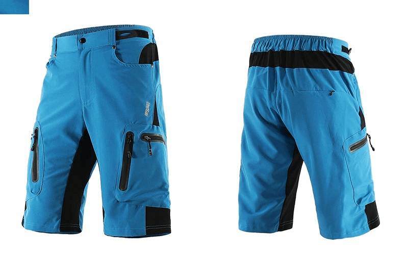 Blue elastic waistband cycling shorts with side pockets, featuring durable Polyester and Spandex material, ideal for sports enthusiasts.
