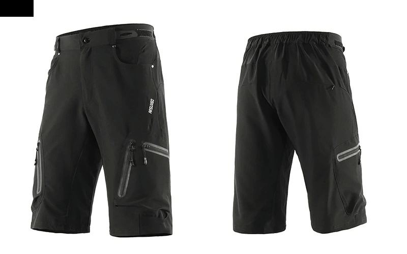 Black elastic waistband cycling shorts with side pockets, designed for men. Made of breathable Polyester and Spandex with quick-dry feature.