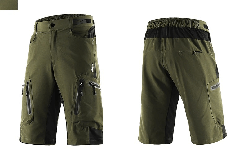 Olive green men's cycling shorts with elastic waistband and side pockets, featuring breathable fabric and quick-dry technology.