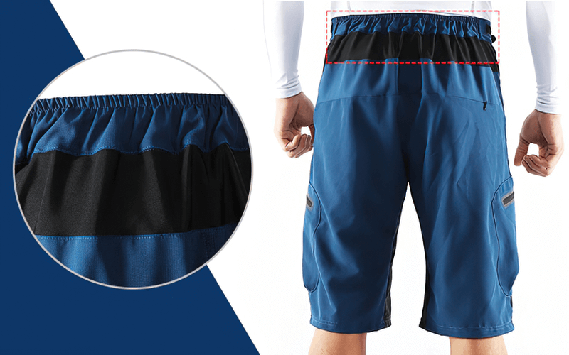 Rear view of men's blue cycling shorts with elastic waistband and side pockets, showcasing durable and breathable design.