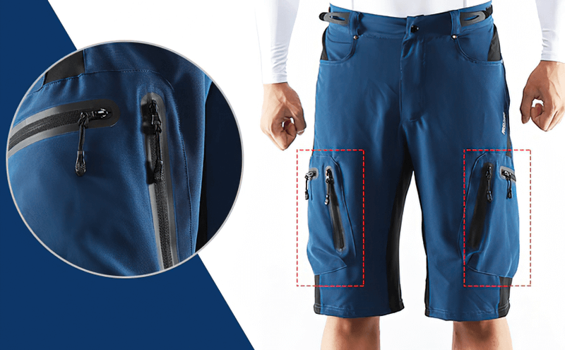 Men's blue cycling shorts with elastic waistband and side pockets, showcasing zip detail. Durable, breathable fabric for top performance.