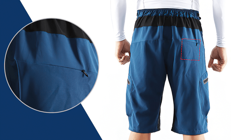 Men's blue cycling shorts with elastic waistband and side pockets, rear view, showing pocket details, ideal for biking enthusiasts.