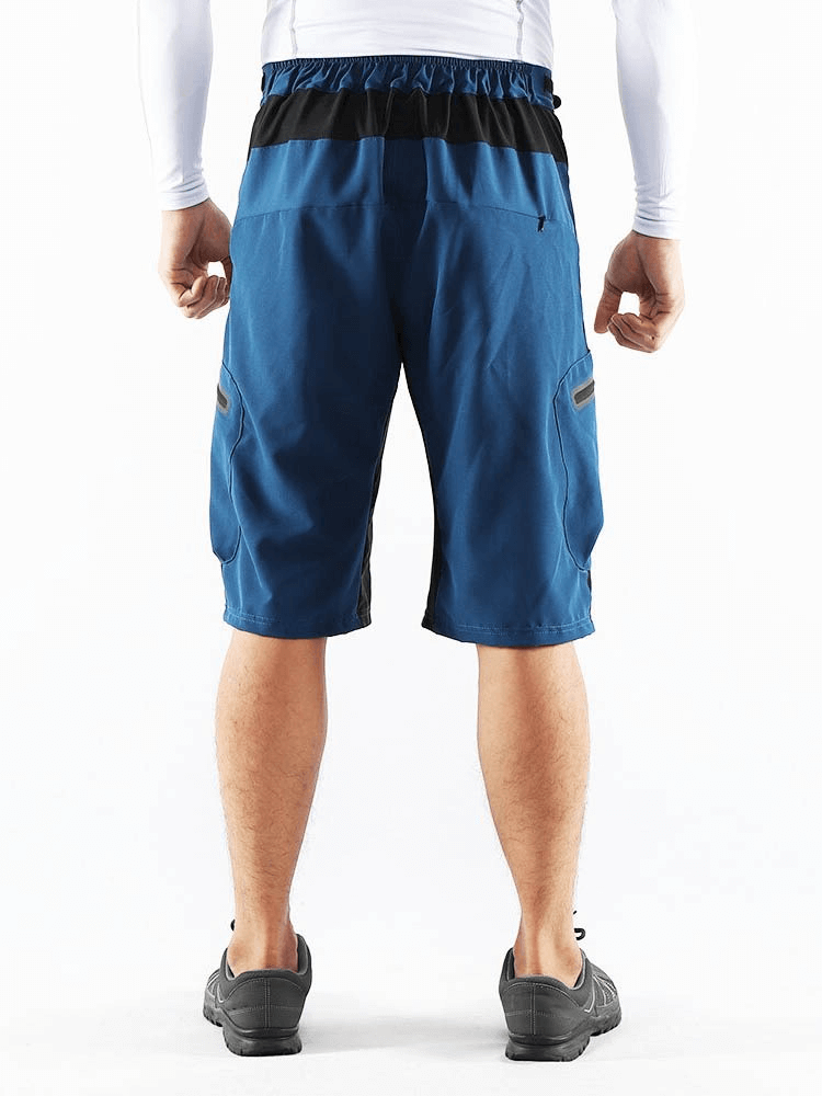 Back view of men's elastic waistband cycling shorts with side pockets, blue color, perfect for performance and comfort.