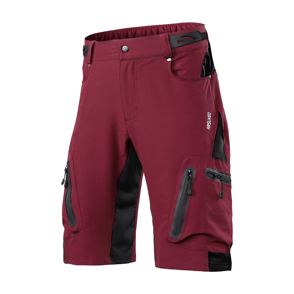 Men's elastic waistband cycling shorts with side pockets in maroon, featuring durable polyester-spandex blend for comfort.