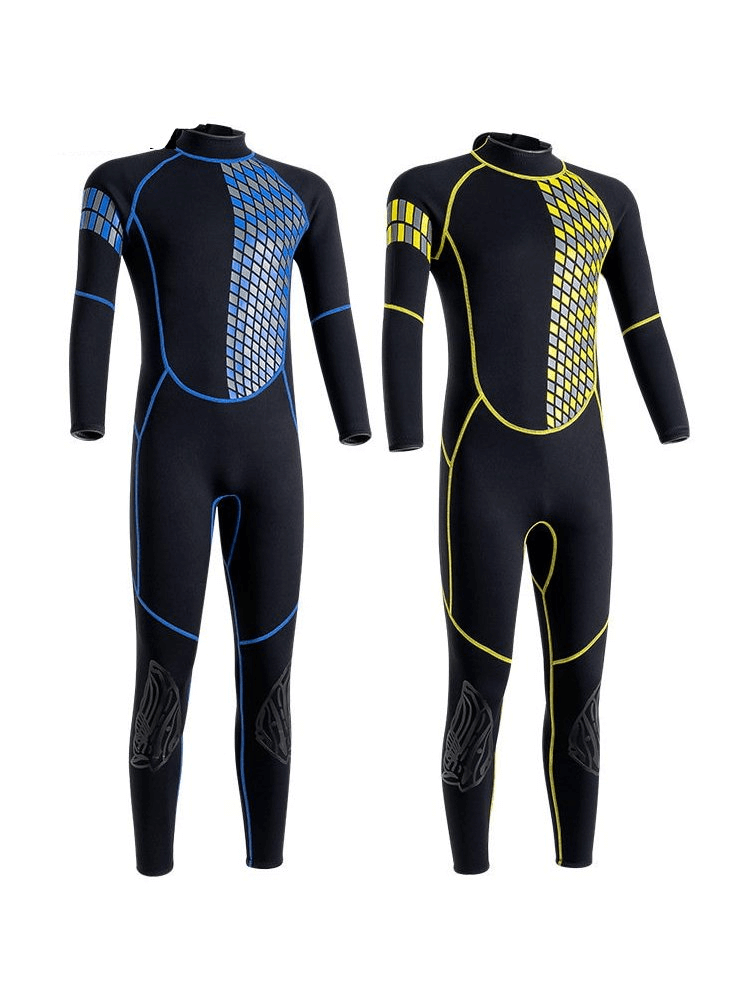Elastic warm unisex wetsuits in blue and yellow designs for swimming, snorkeling, and surfing, featuring nylon and neoprene material.