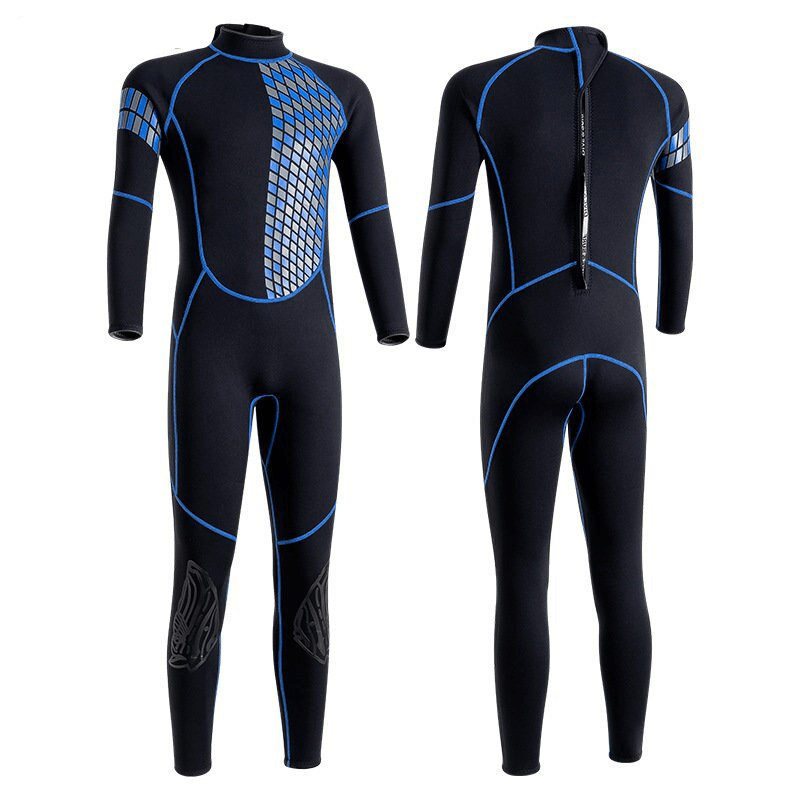 Unisex elastic wetsuit for swimming, features long sleeves, blue accents, ideal for snorkeling, surfing, scuba diving, nylon-neoprene blend.