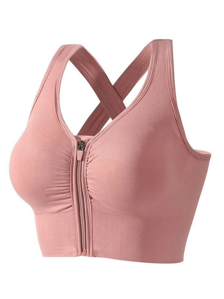 Elastic Women's Sports Top Bra with straps and zipper in pink, designed for comfort and support during exercise.