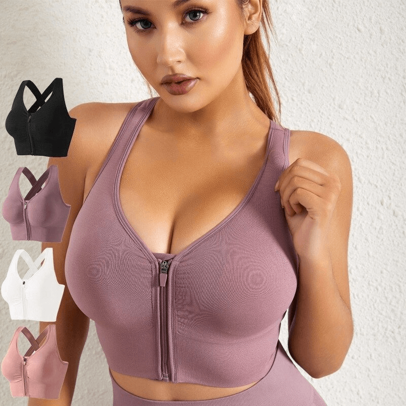 Elastic women's sports top bra with zipper and adjustable straps in purple, shown with color options black, pink, white.