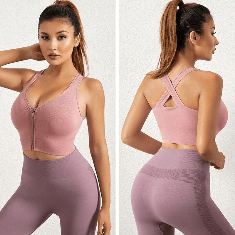 Elastic Women's Sports Top Bra with zipper and straps, front and back view. Lightweight polyester-spandex for breathability and secure fit.