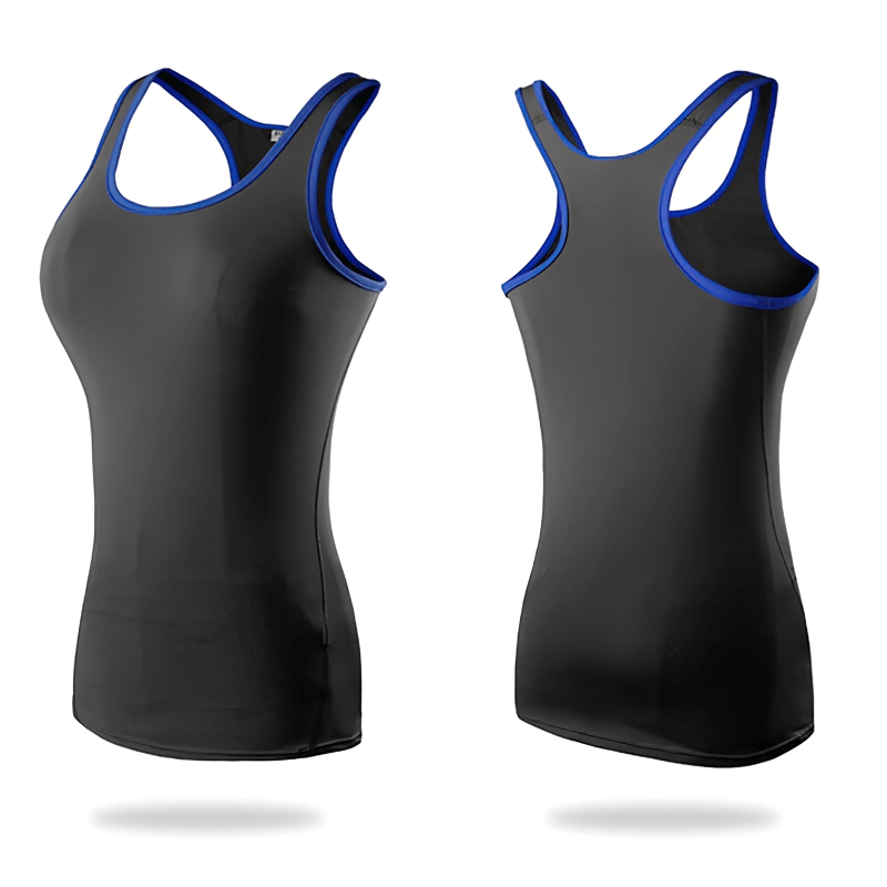 Elastic women's gym tank top in black with blue trim, spandex and polyester blend, designed for comfort and range of motion.